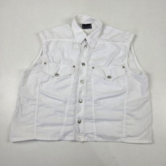 Versace Jeans Signature Vest Womens Medium White Denim Silver Medusa Buttons - Picture 1 of 10